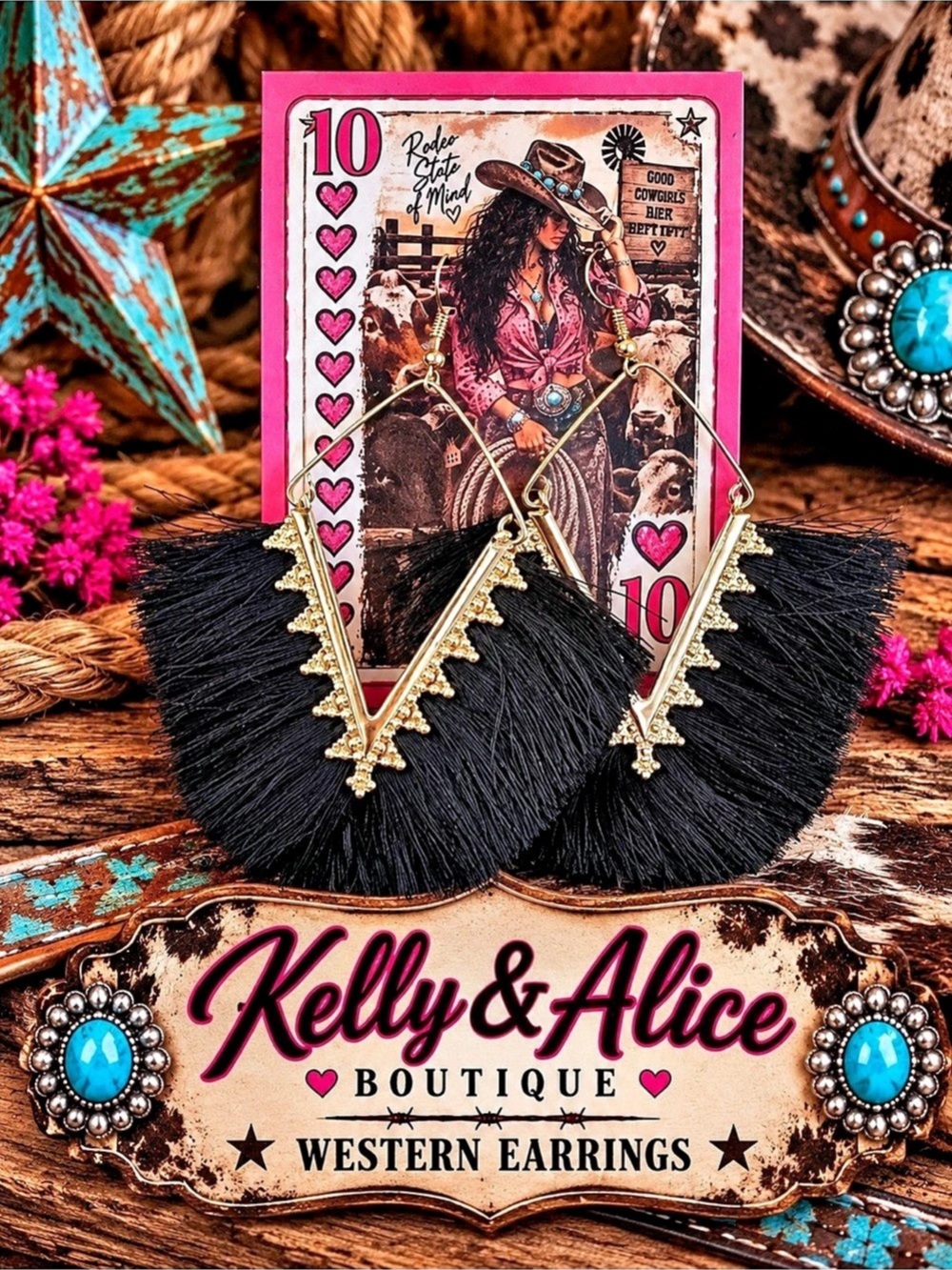 Kelly & Alice Boutique Western Fringe Earrings in Black & Gold Like New